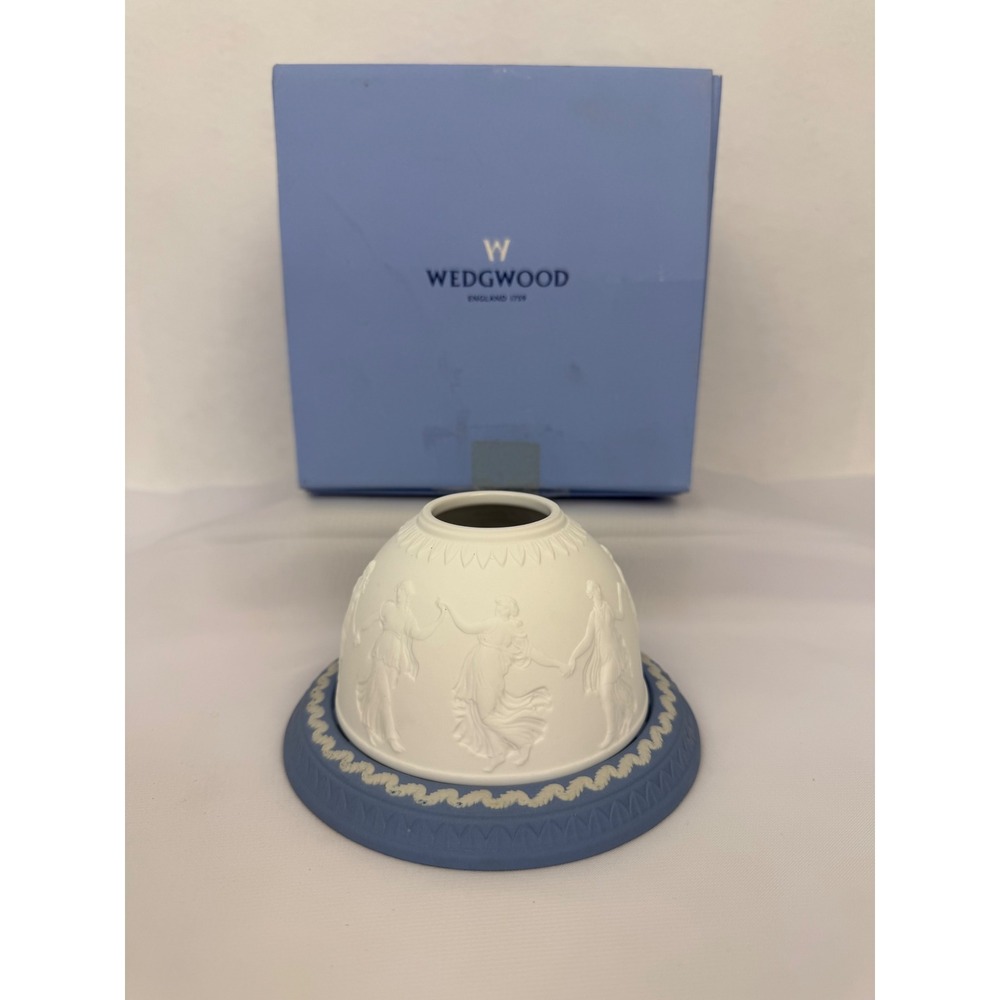 Wedgwood Jasperware White on Blue Lithophane Candle Holder Dancing Hours Boxed